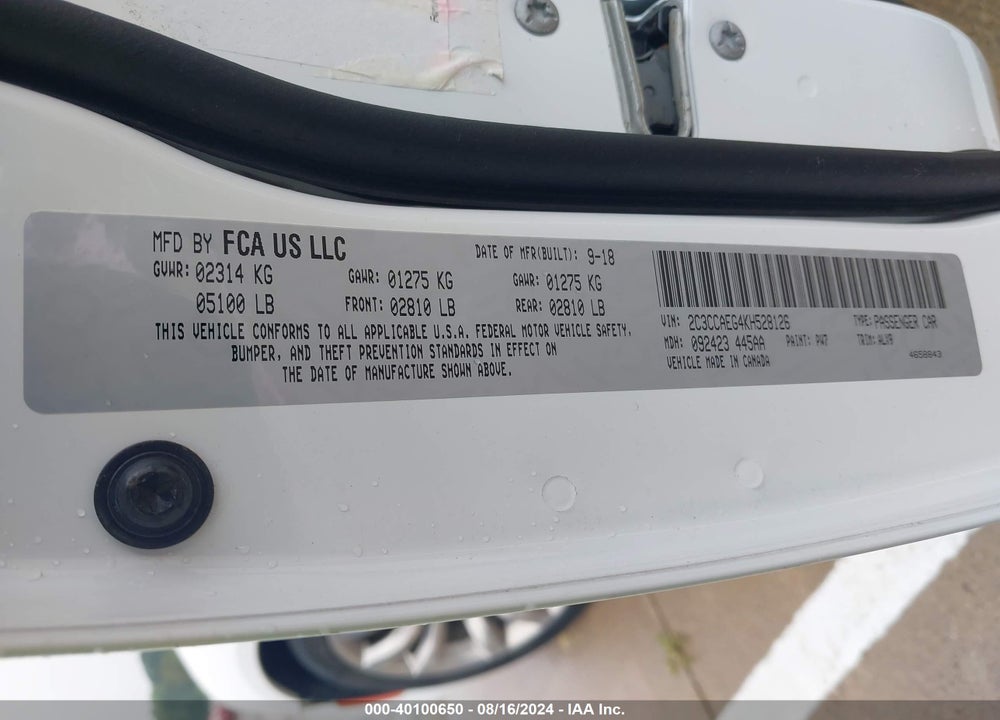 2019 CHRYSLER 300 VIN: 2C3CCAEG4KH528126