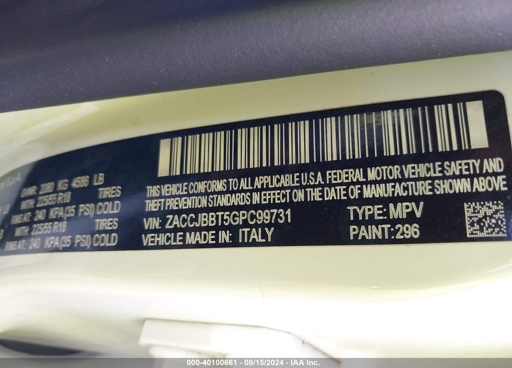 2016 JEEP RENEGADE LATITUDE VIN: ZACCJBBT5GPC99731