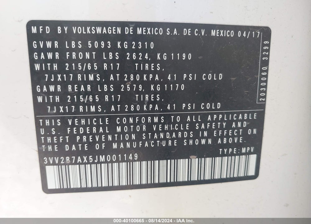 2018 VOLKSWAGEN TIGUAN VIN: 3VV2B7AX5JM001149