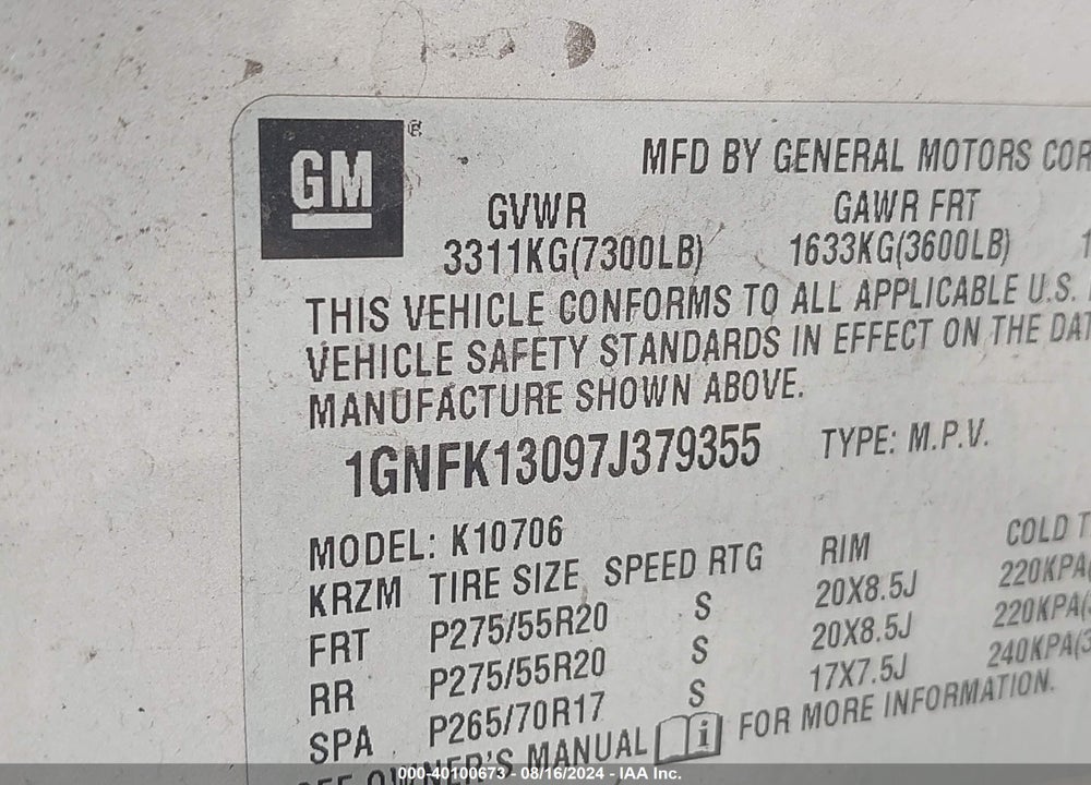 2007 CHEVROLET TAHOE LT VIN: 1GNFK13097J379355