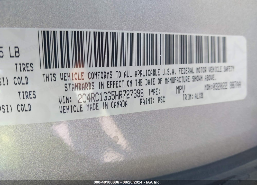2017 CHRYSLER PACIFICA LIMITED VIN: 2C4RC1GG5HR727398