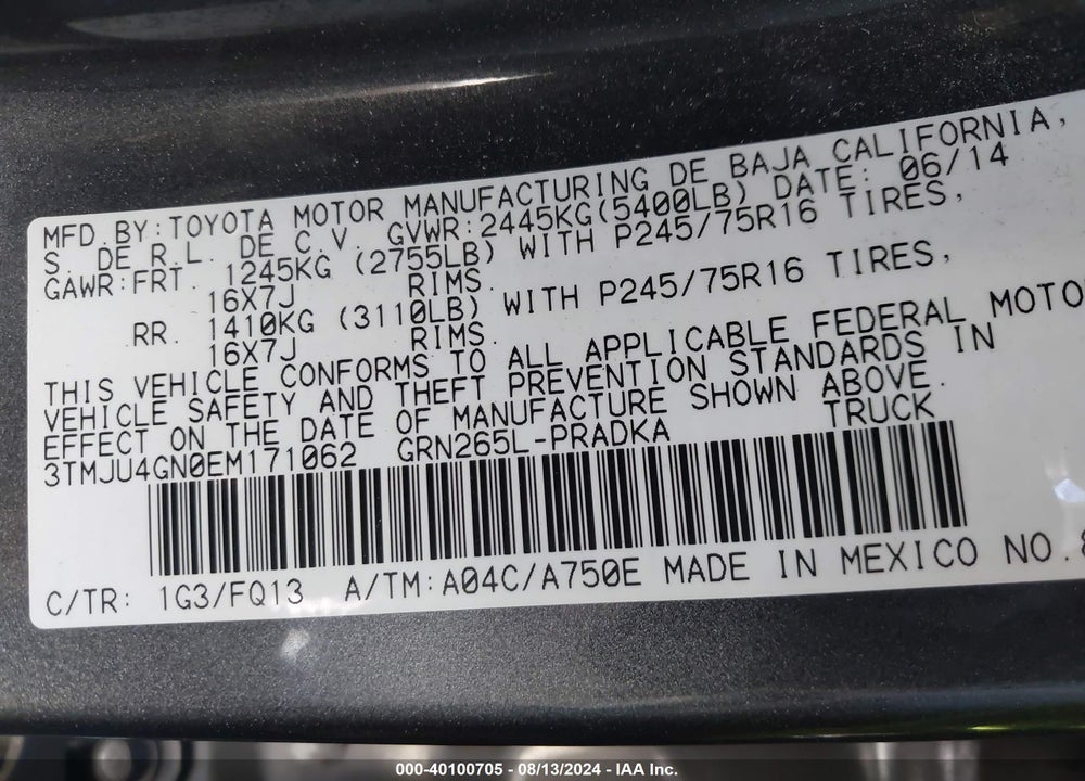 2014 TOYOTA TACOMA PRERUNNER V6 VIN: 3TMJU4GN0EM171062