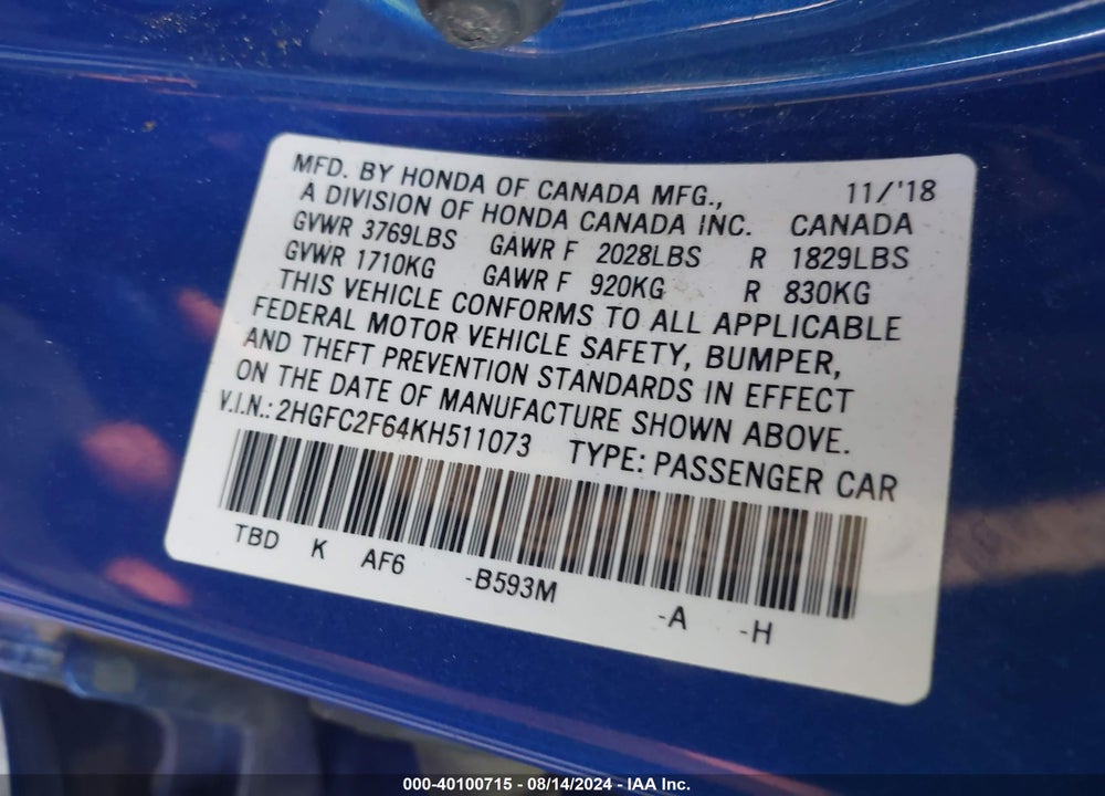 2019 HONDA CIVIC LX VIN: 2HGFC2F64KH511073