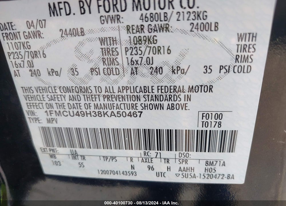 2008 FORD ESCAPE HYBRID VIN: 1FMCU49H38KA50467