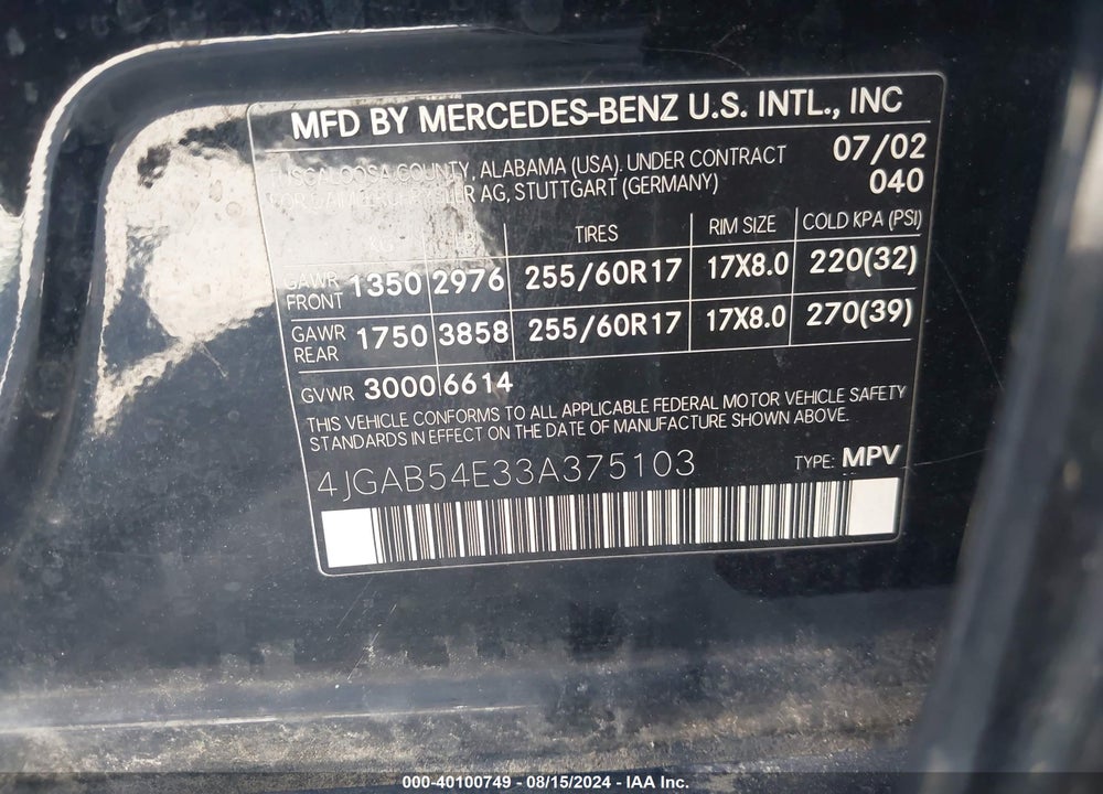 2003 MERCEDES-BENZ ML 320 VIN: 4JGAB54E33A375103