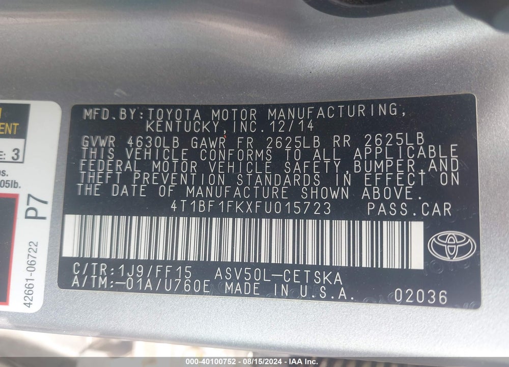 2015 TOYOTA CAMRY SE VIN: 4T1BF1FKXFU015723
