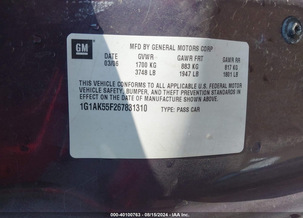 2006 CHEVROLET COBALT LS VIN: 1G1AK55F267831310