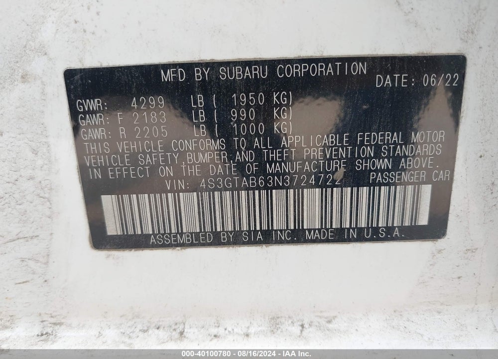 2022 SUBARU IMPREZA BASE 5-DOOR VIN: 4S3GTAB63N3724722