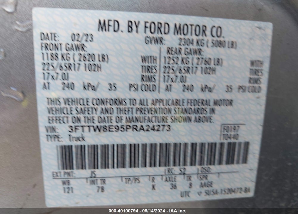 2023 FORD MAVERICK XLT VIN: 3FTTW8E95PRA24273