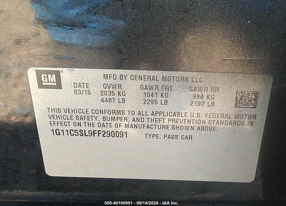 2015 CHEVROLET MALIBU 1LT VIN: 1G11C5SL9FF290091