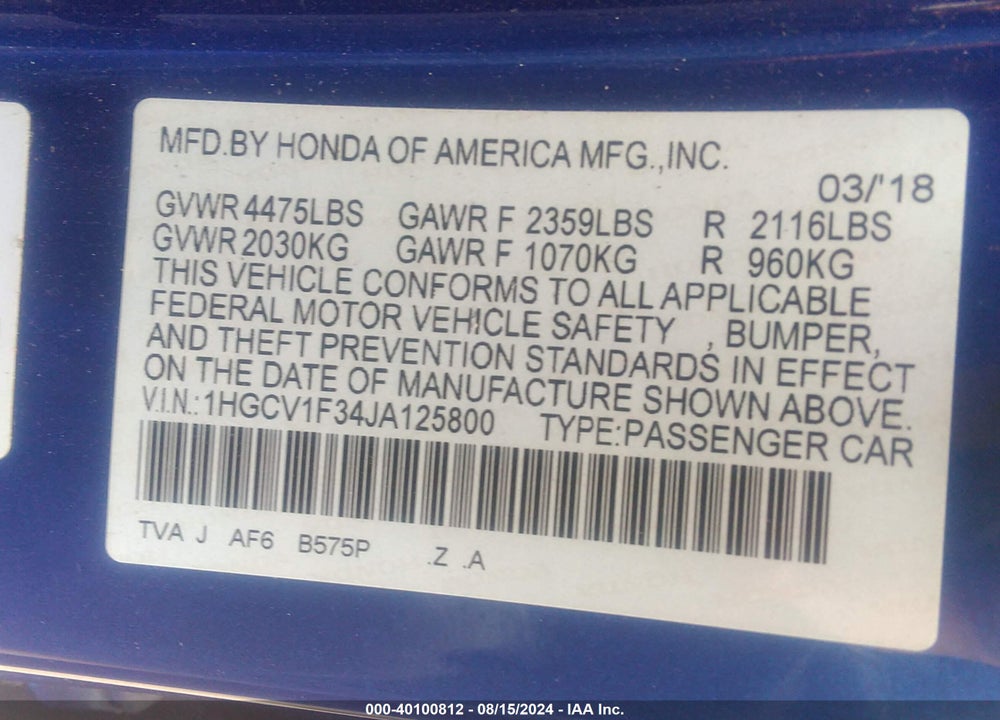 2018 HONDA ACCORD SPORT VIN: 1HGCV1F34JA125800