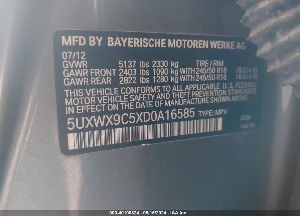 2013 BMW X3 XDRIVE28I VIN: 5UXWX9C5XD0A16585