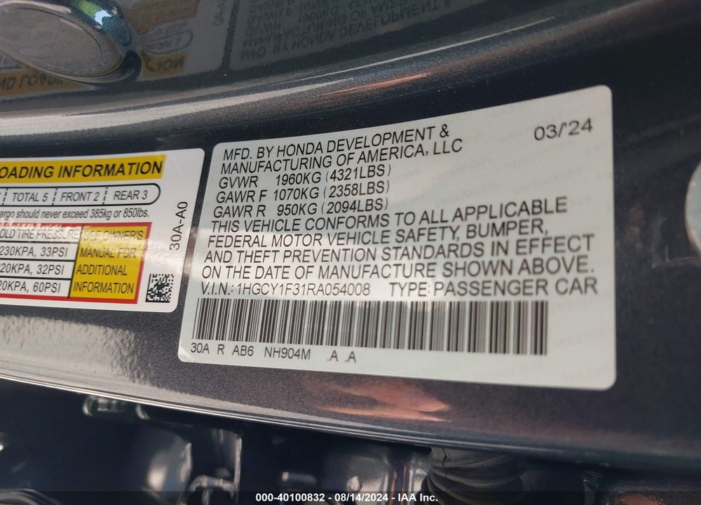 2024 HONDA ACCORD VIN: 1HGCY1F31RA054008