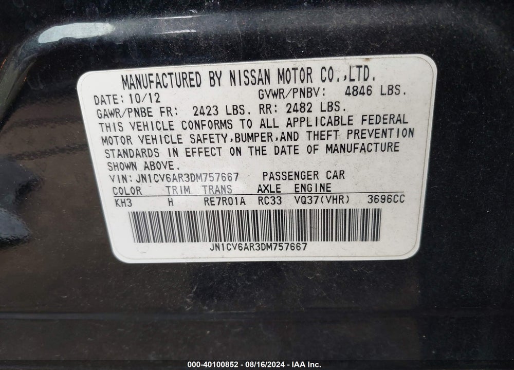 2013 INFINITI G37X VIN: JN1CV6AR3DM757667