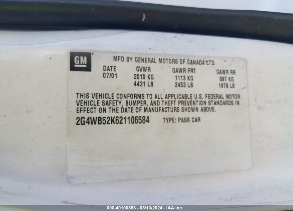 2002 BUICK REGAL LS VIN: 2G4WB52K621106584