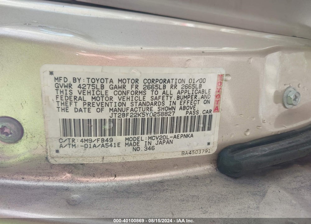 2000 TOYOTA CAMRY LE V6 VIN: JT2BF22K5Y0258827