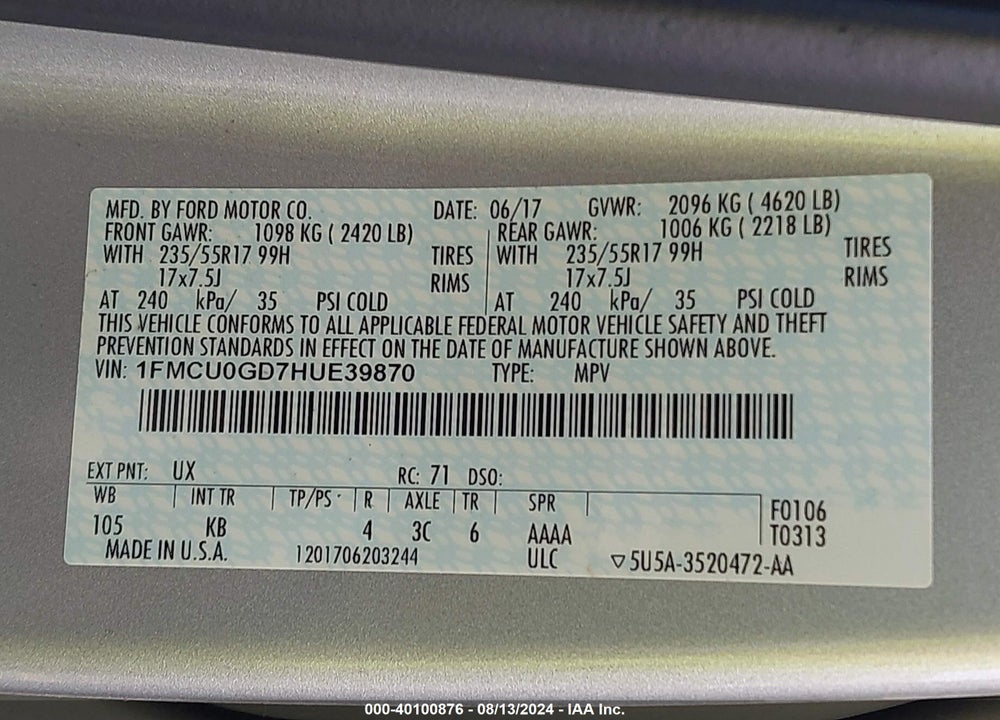 2017 FORD ESCAPE SE VIN: 1FMCU0GD7HUE39870