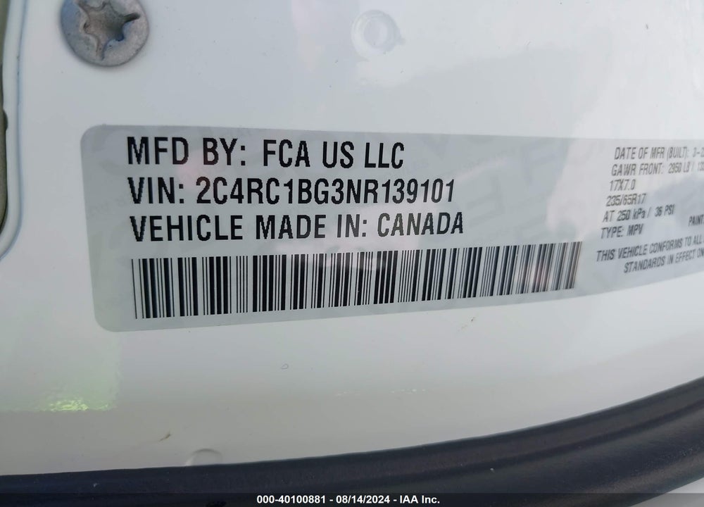 2022 CHRYSLER PACIFICA TOURING L VIN: 2C4RC1BG3NR139101