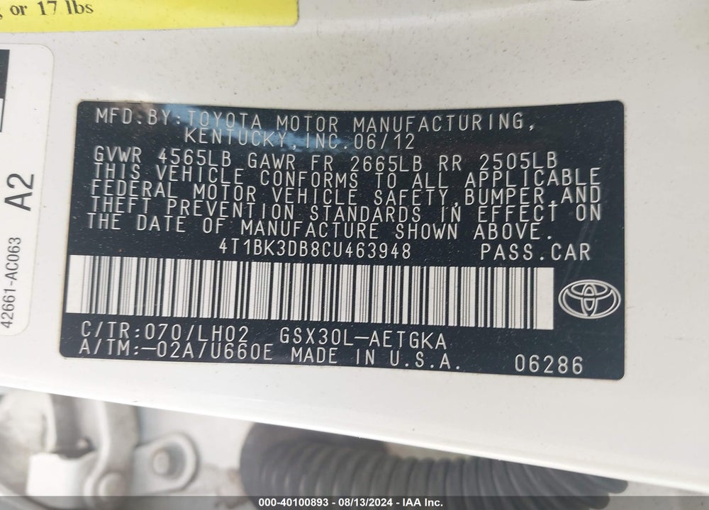 2012 TOYOTA AVALON VIN: 4T1BK3DB8CU463948