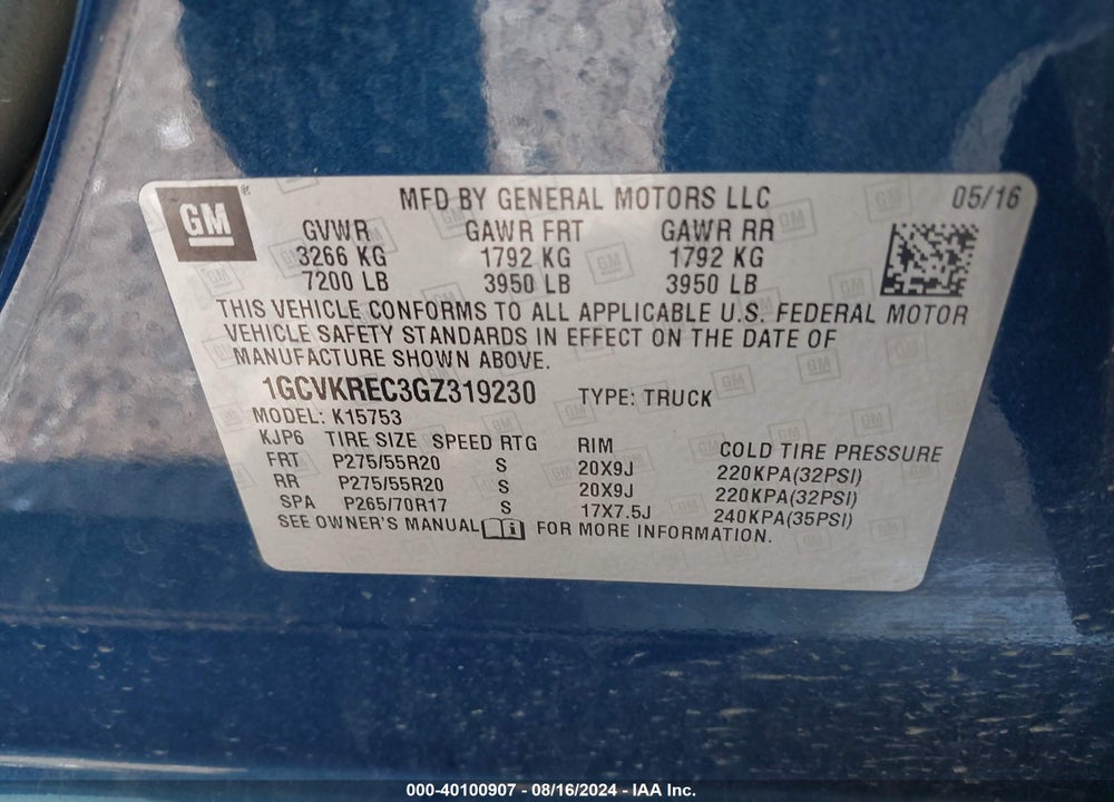 2016 CHEVROLET SILVERADO 1500 2LT VIN: 1GCVKREC3GZ319230