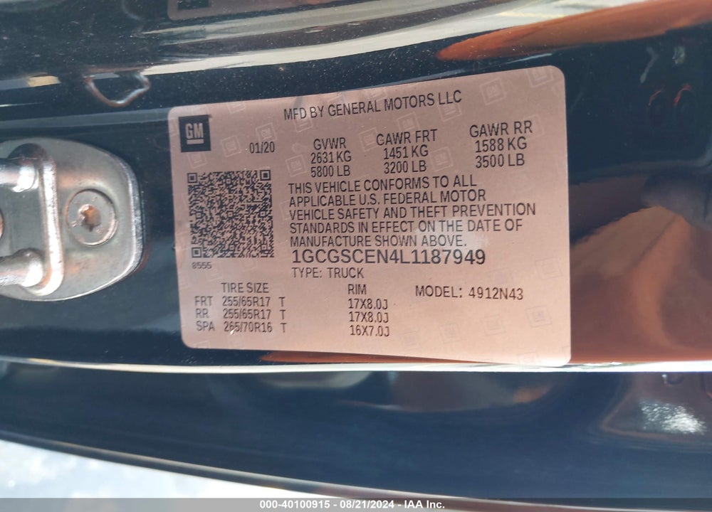 2020 CHEVROLET COLORADO 2WD SHORT BOX LT VIN: 1GCGSCEN4L1187949