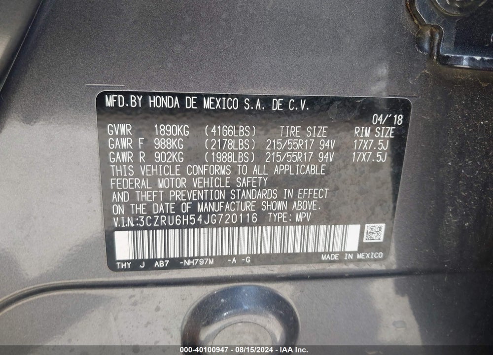 2018 HONDA HR-V EX VIN: 3CZRU6H54JG720116