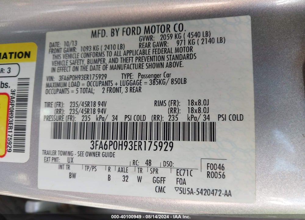 2014 FORD FUSION SE VIN: 3FA6P0H93ER175929