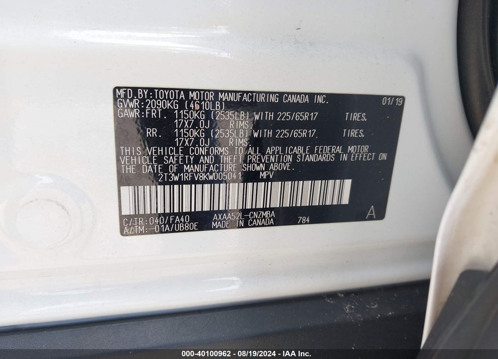 2019 TOYOTA RAV4 XLE VIN: 2T3W1RFV8KW005041