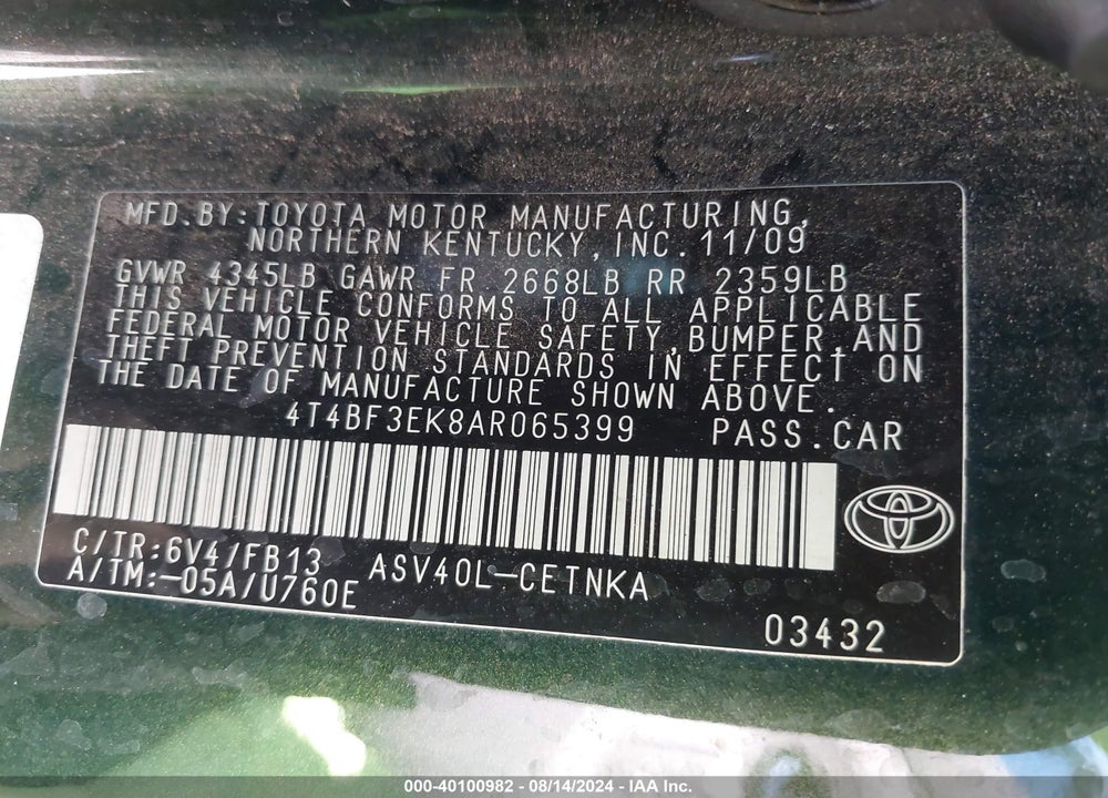 2010 TOYOTA CAMRY VIN: 4T4BF3EK8AR065399
