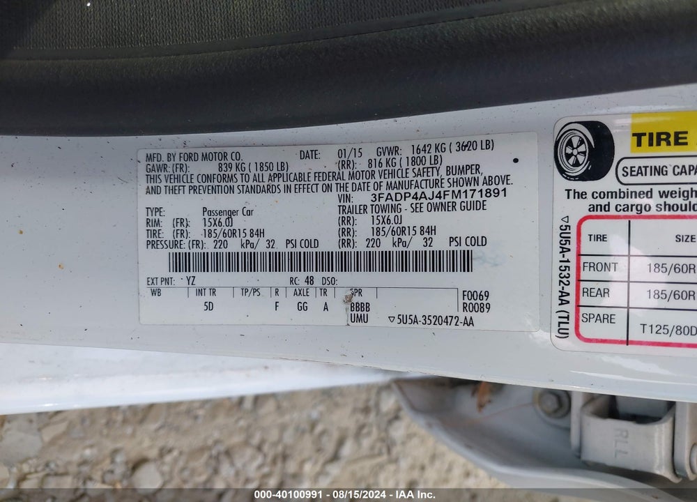 2015 FORD FIESTA S VIN: 3FADP4AJ4FM171891