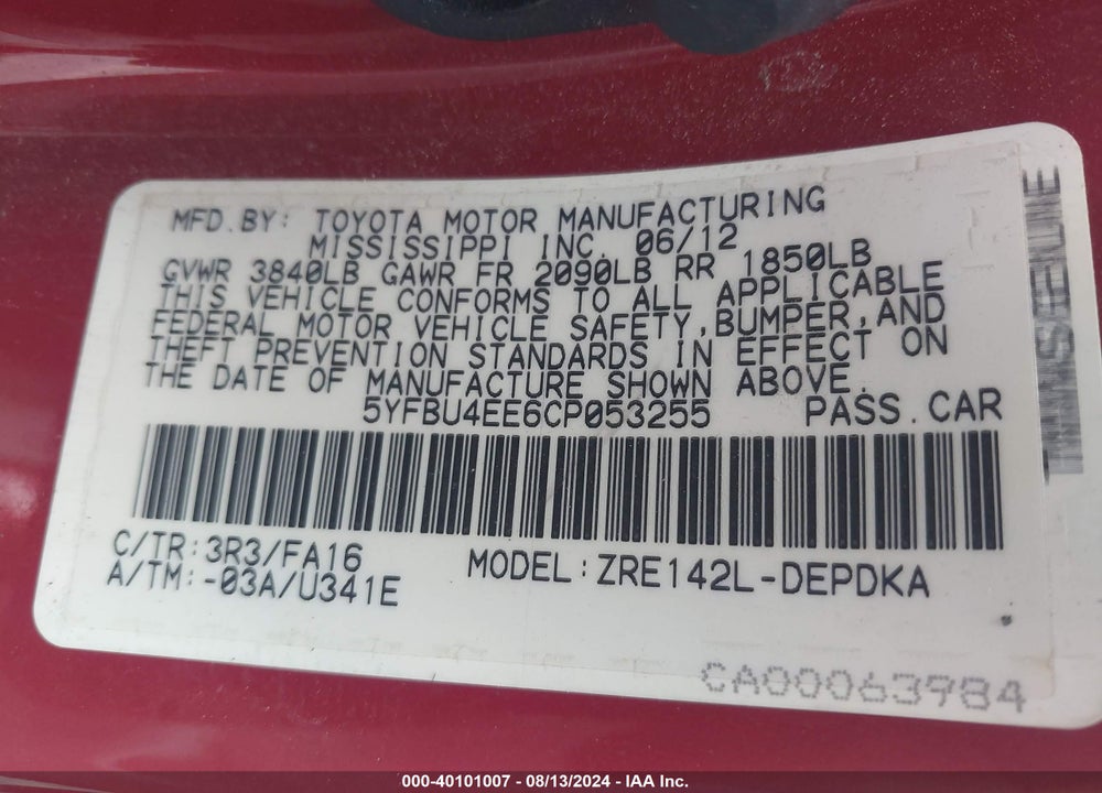 2012 TOYOTA COROLLA L VIN: 5YFBU4EE6CP053255