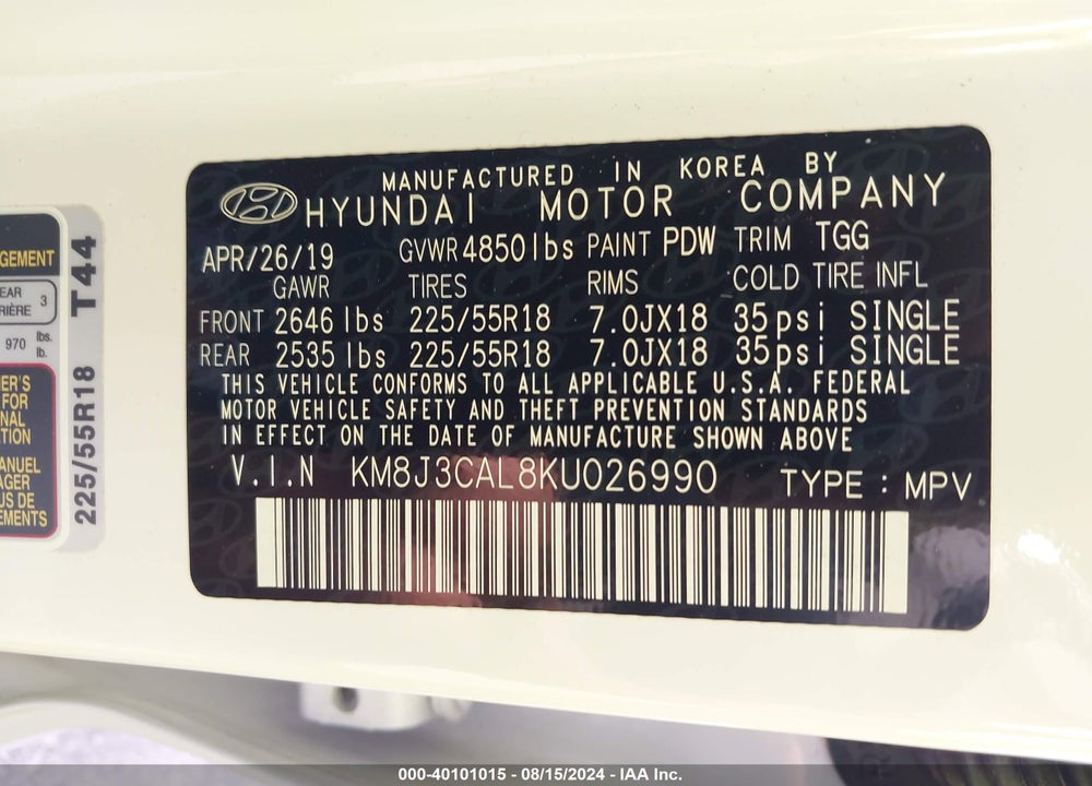 2019 HYUNDAI TUCSON SEL VIN: KM8J3CAL8KU026990