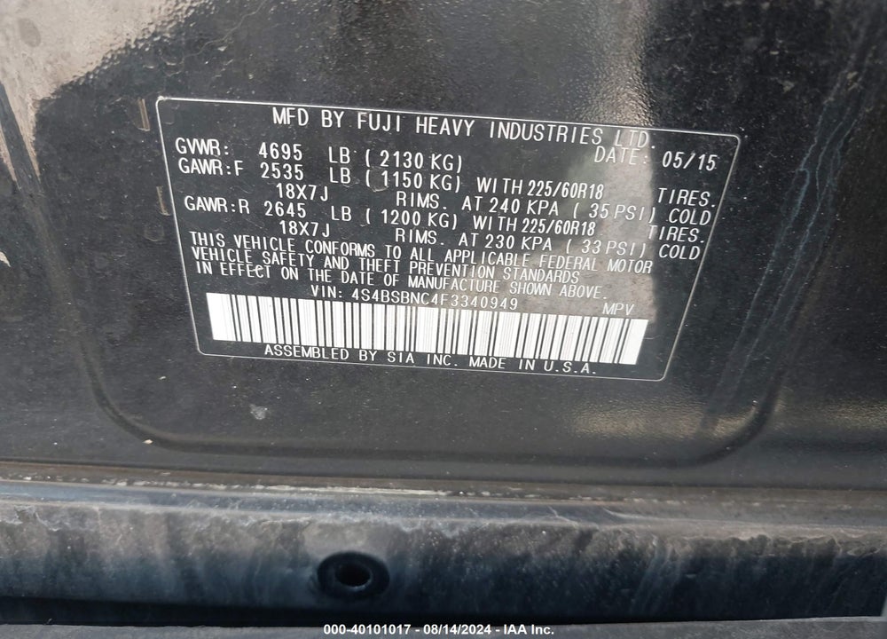 2015 SUBARU OUTBACK 2.5I LIMITED VIN: 4S4BSBNC4F3340949