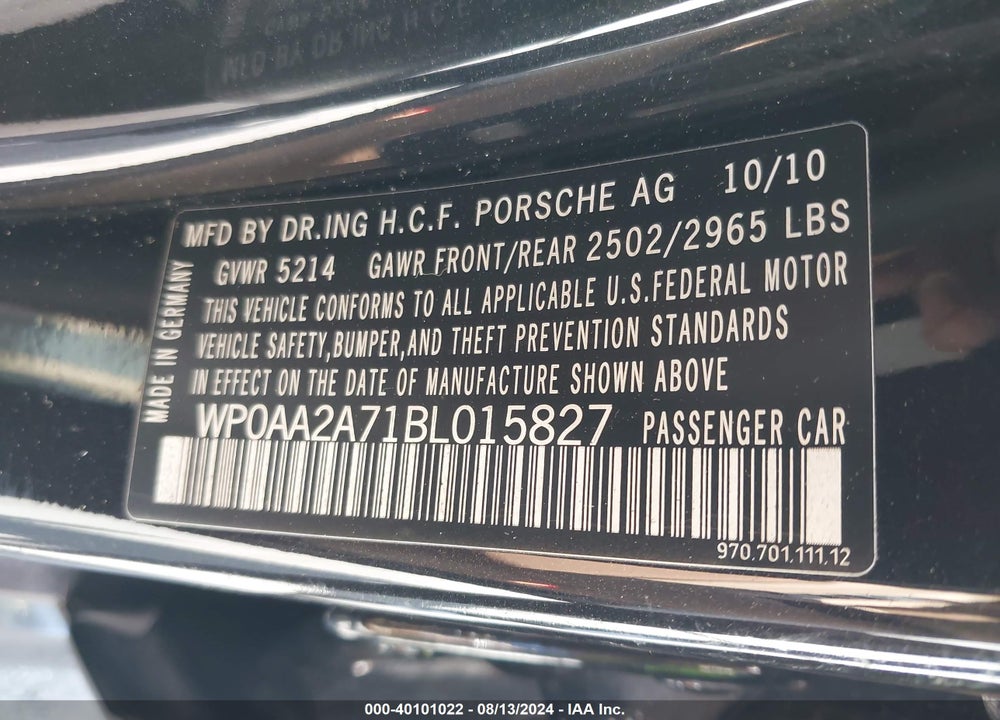 2011 PORSCHE PANAMERA 4 VIN: WP0AA2A71BL015827
