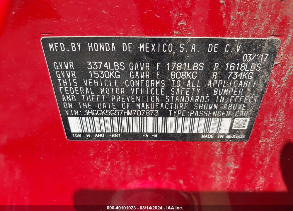 2017 HONDA FIT LX VIN: 3HGGK5G57HM707873