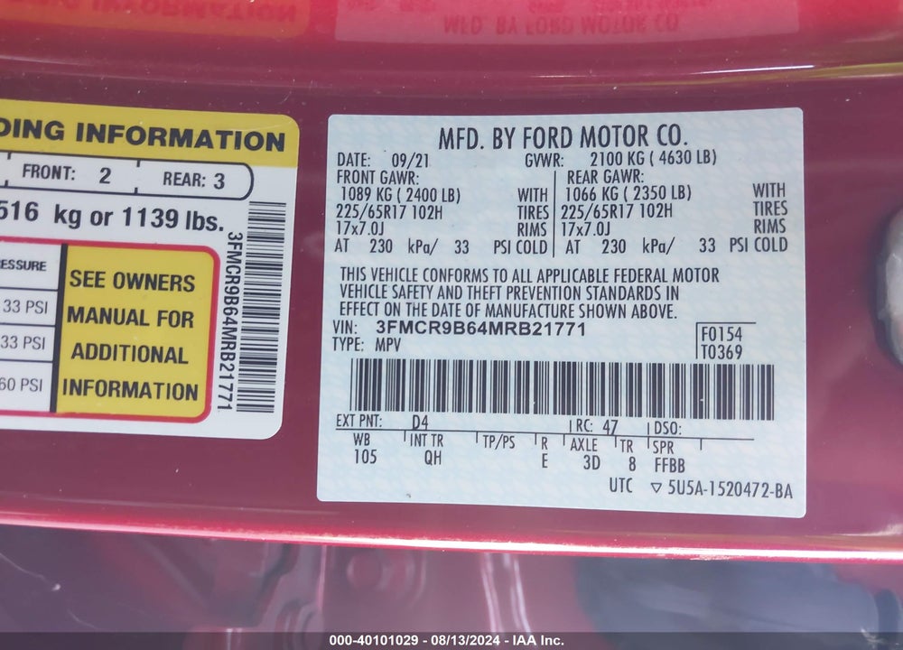 2021 FORD BRONCO SPORT BIG BEND VIN: 3FMCR9B64MRB21771
