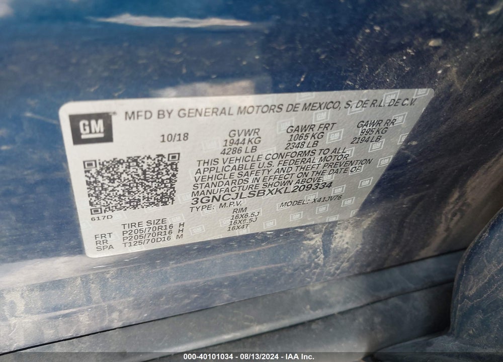 2019 CHEVROLET TRAX LT VIN: 3GNCJLSBXKL209334