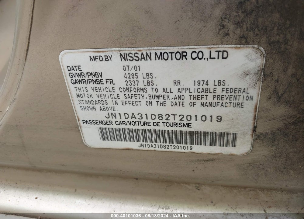 2002 NISSAN MAXIMA SE VIN: JN1DA31D82T201019