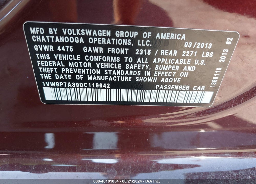 2013 VOLKSWAGEN PASSAT 2.5L SE VIN: 1VWBP7A39DC119642