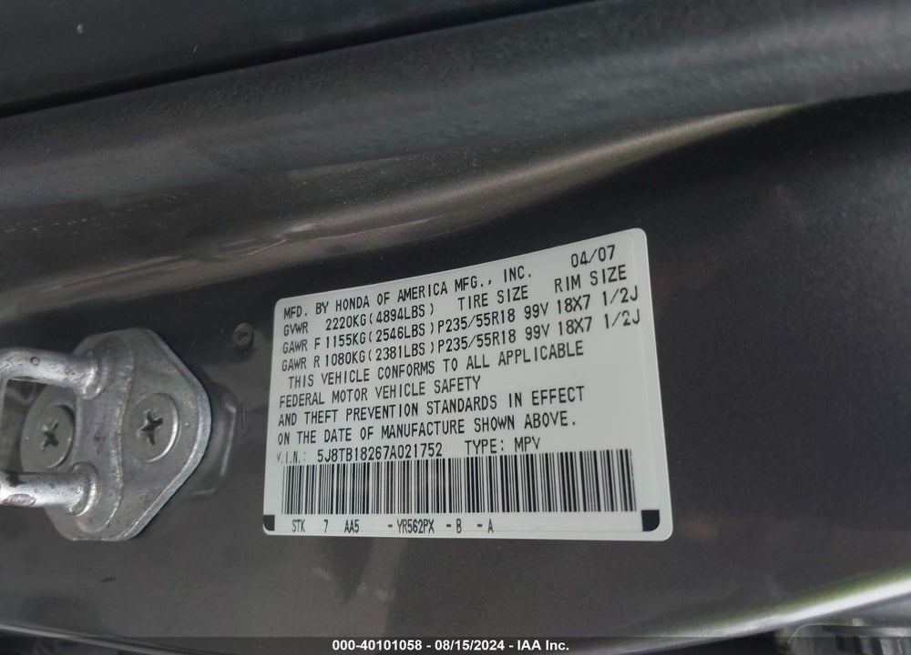 2007 ACURA RDX VIN: 5J8TB18267A021752