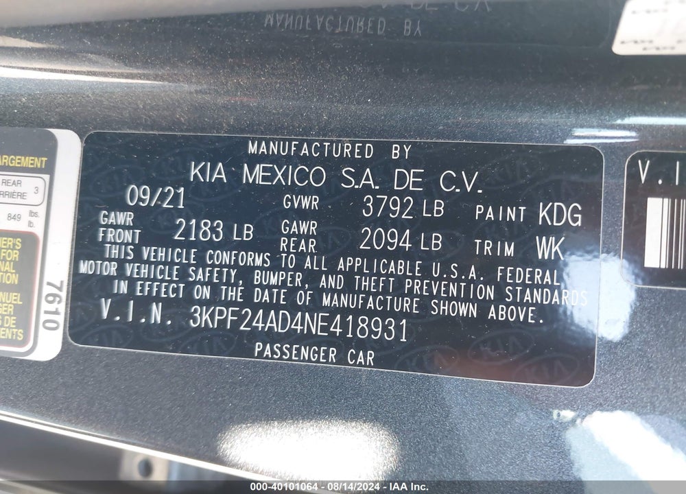 2022 KIA FORTE LXS VIN: 3KPF24AD4NE418931
