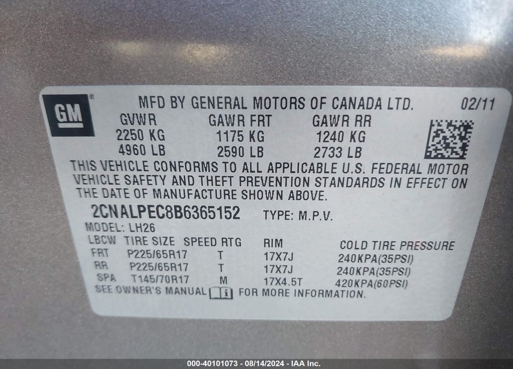 2011 CHEVROLET EQUINOX 2LT VIN: 2CNALPEC8B6365152