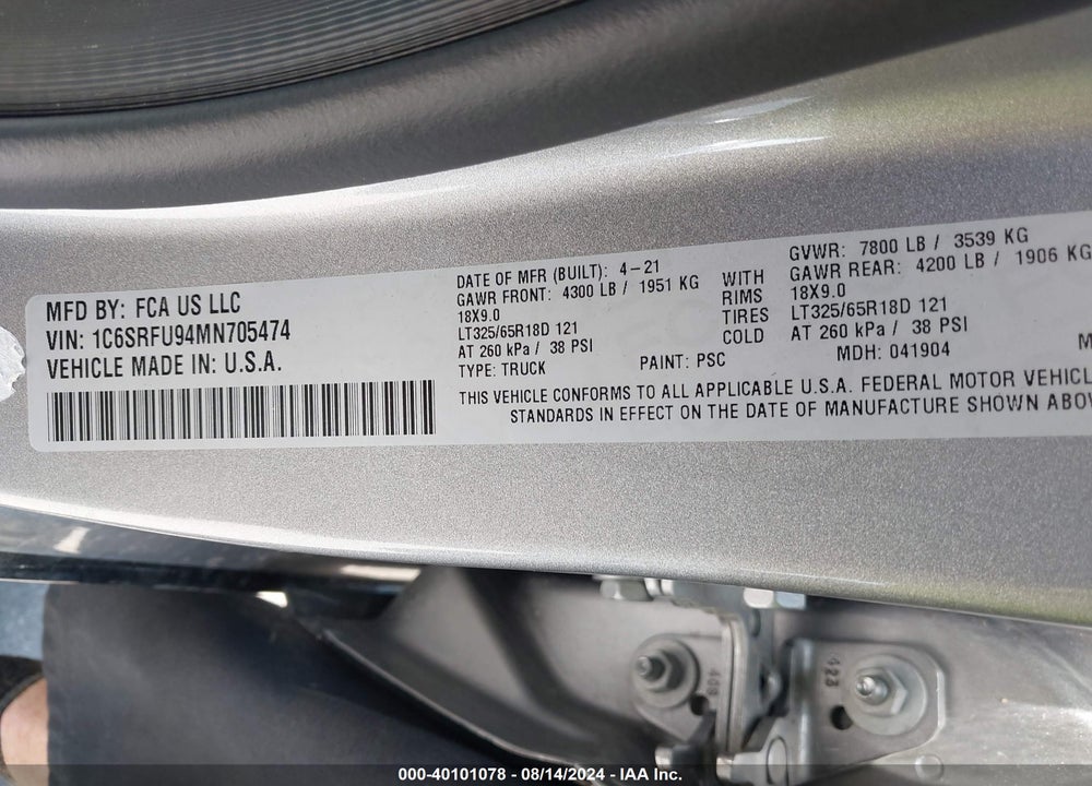 2021 RAM 1500 VIN: 1C6SRFU94MN705474