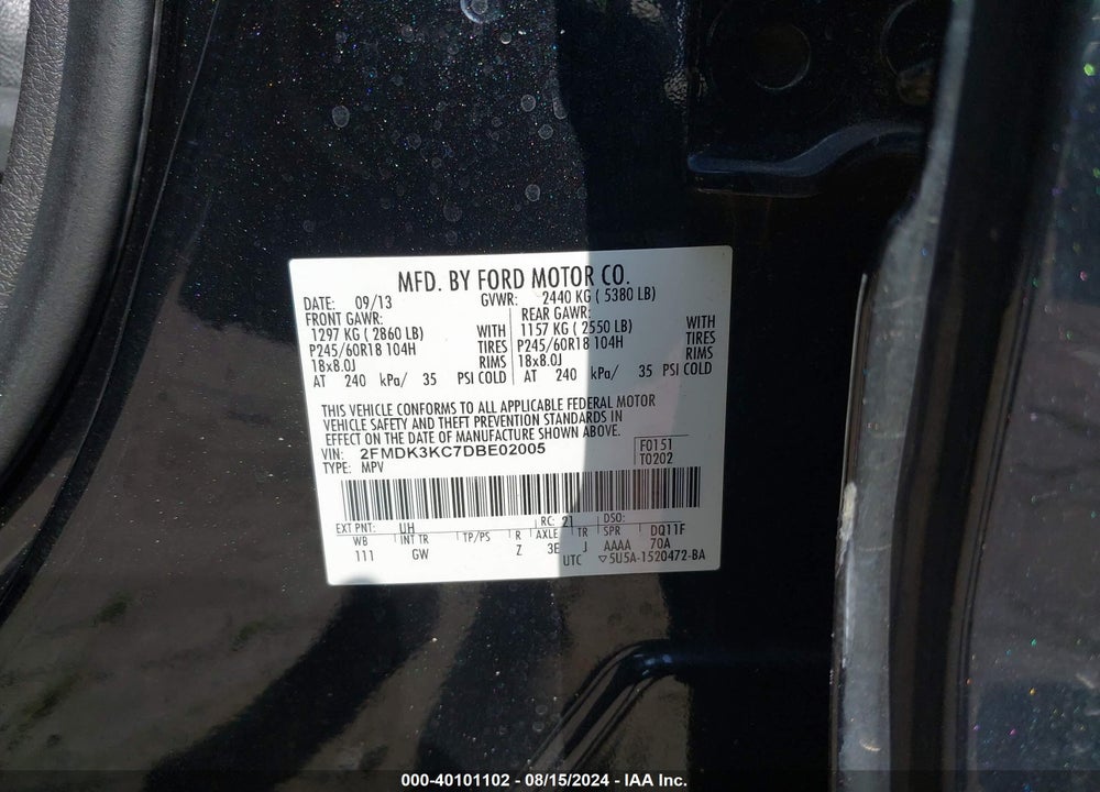 2013 FORD EDGE LIMITED VIN: 2FMDK3KC7DBE02005