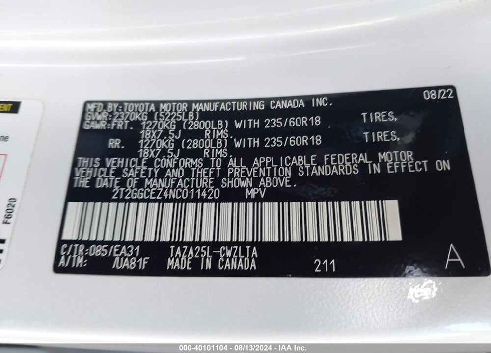 2022 LEXUS NX 350 PREMIUM VIN: 2T2GGCEZ4NC011420