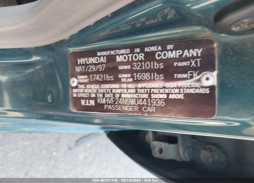 1998 HYUNDAI ACCENT GL VIN: KMHVF24N9WU441936