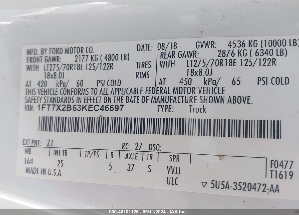 2019 FORD F-250 XLT VIN: 1FT7X2B63KEC46697