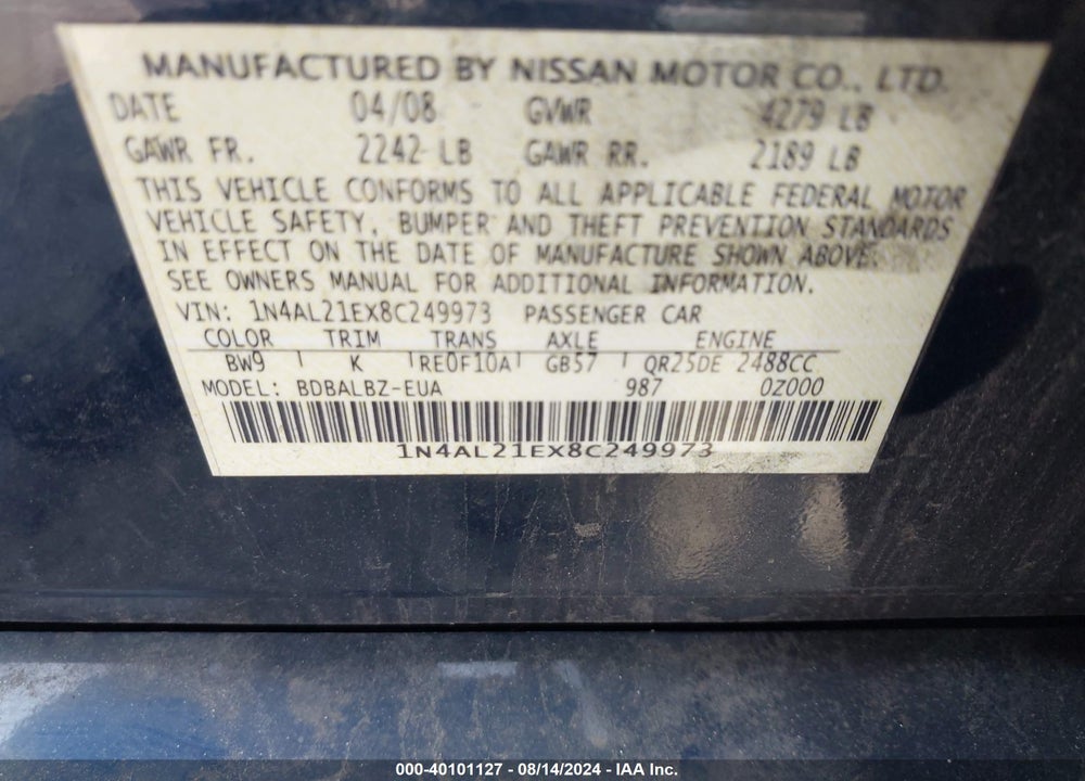 2008 NISSAN ALTIMA 2.5 S VIN: 1N4AL21EX8C249973