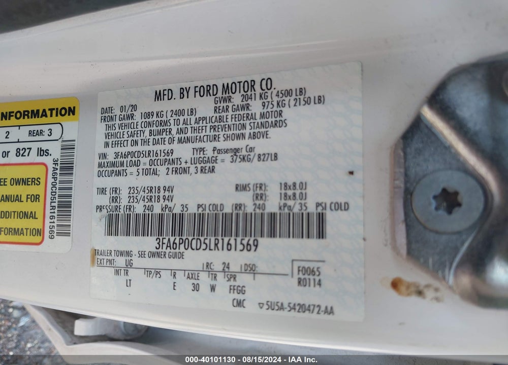 2020 FORD FUSION SEL VIN: 3FA6P0CD5LR161569