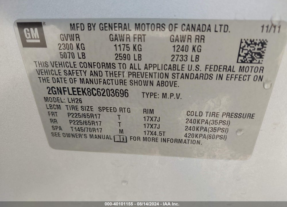 2012 CHEVROLET EQUINOX 1LT VIN: 2GNFLEEK8C6203696